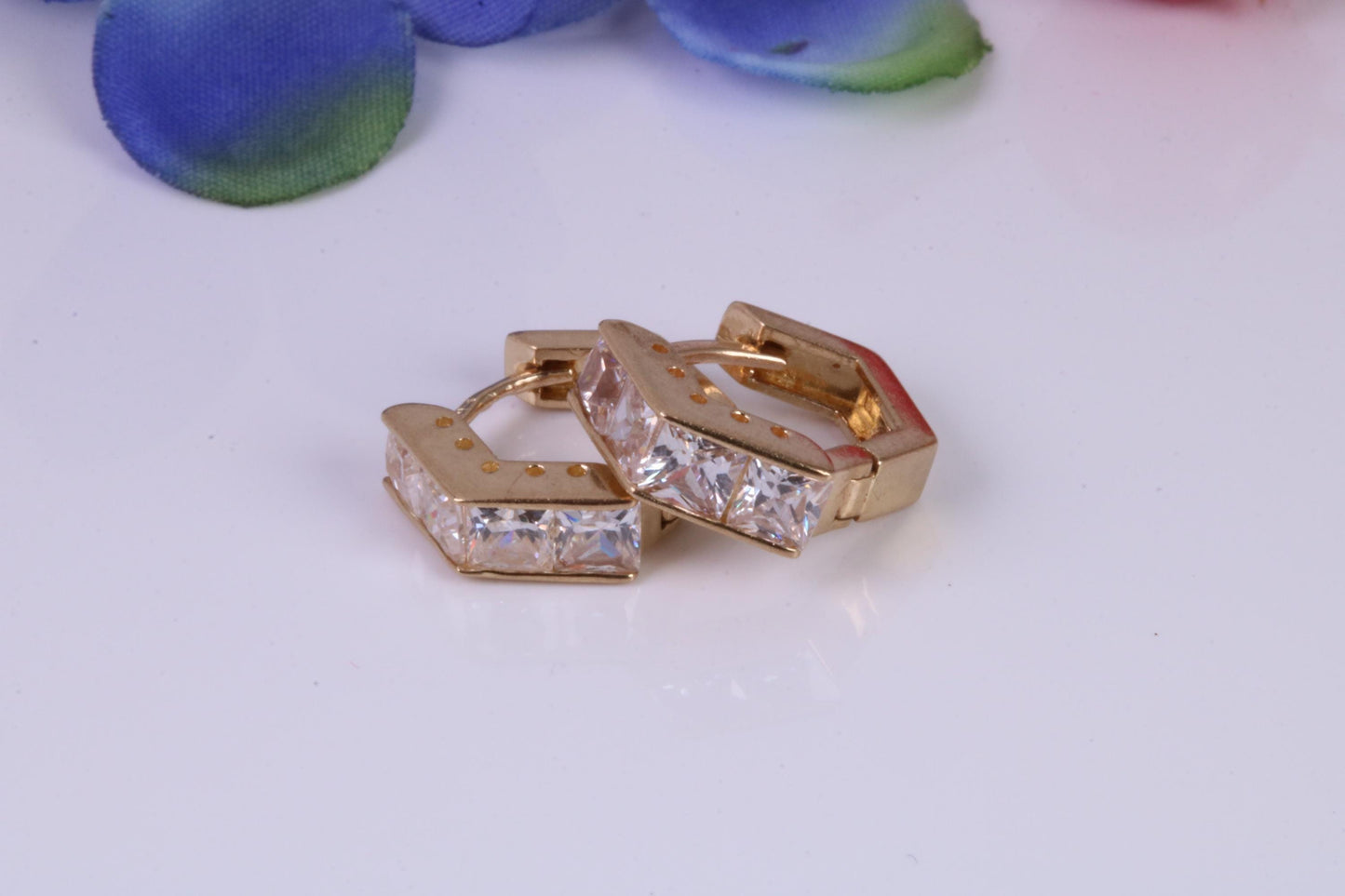 4 mm Wide Gold Hoop Earrings, C Z set and made from 9ct Yellow Gold, Diamond and Gold Look, British Hallmarked