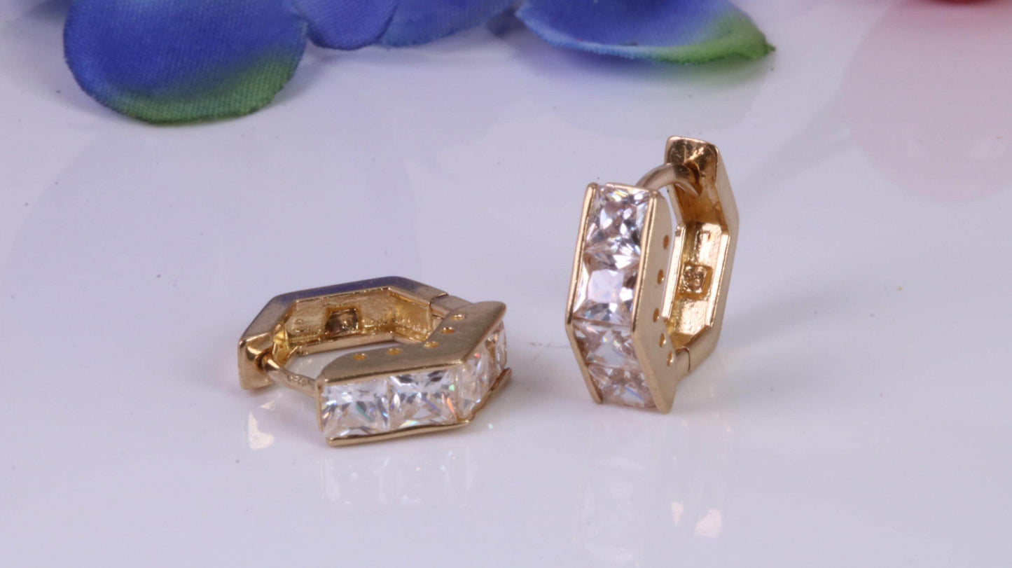 4 mm Wide Gold Hoop Earrings, C Z set and made from 9ct Yellow Gold, Diamond and Gold Look, British Hallmarked