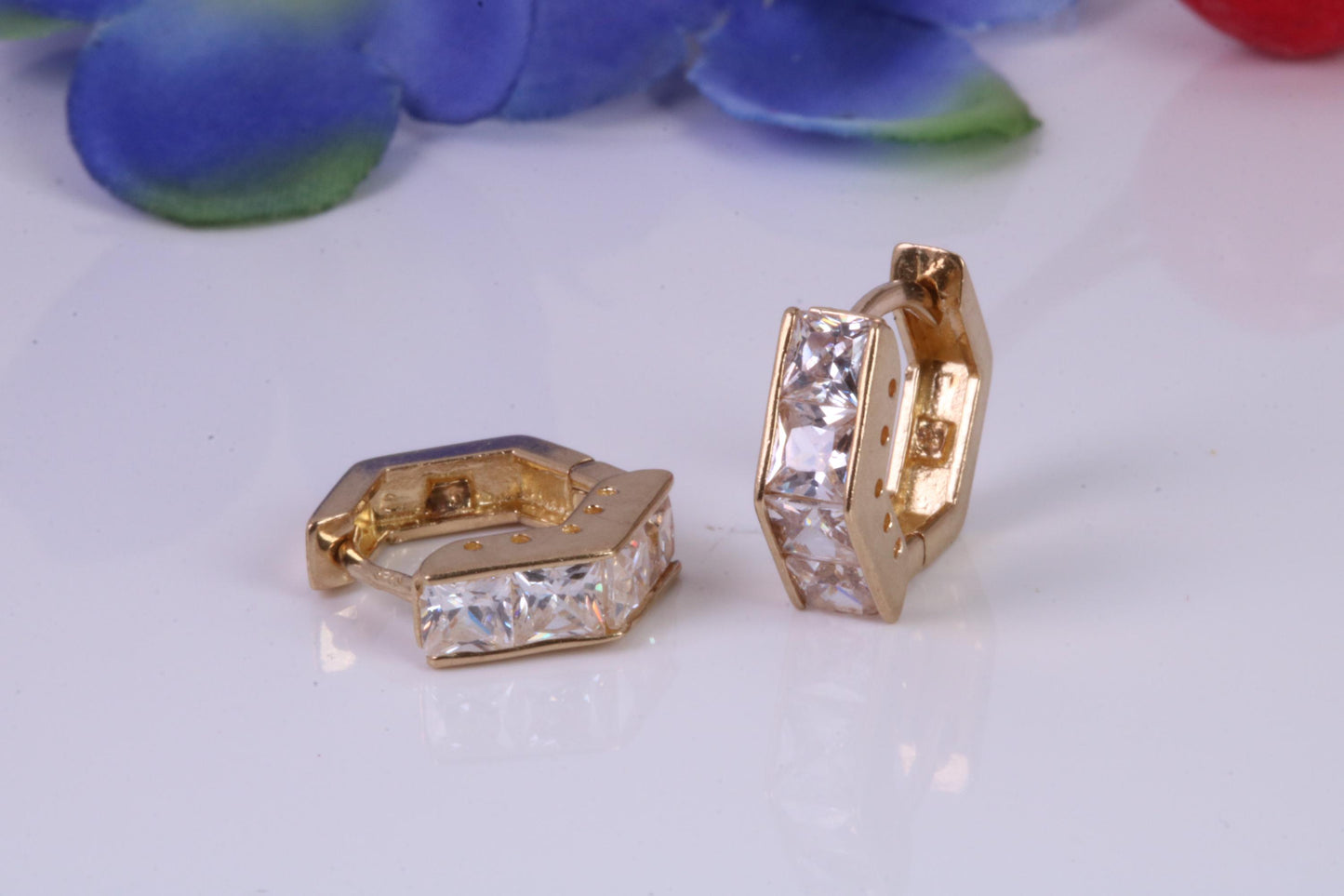 4 mm Wide Gold Hoop Earrings, C Z set and made from 9ct Yellow Gold, Diamond and Gold Look, British Hallmarked