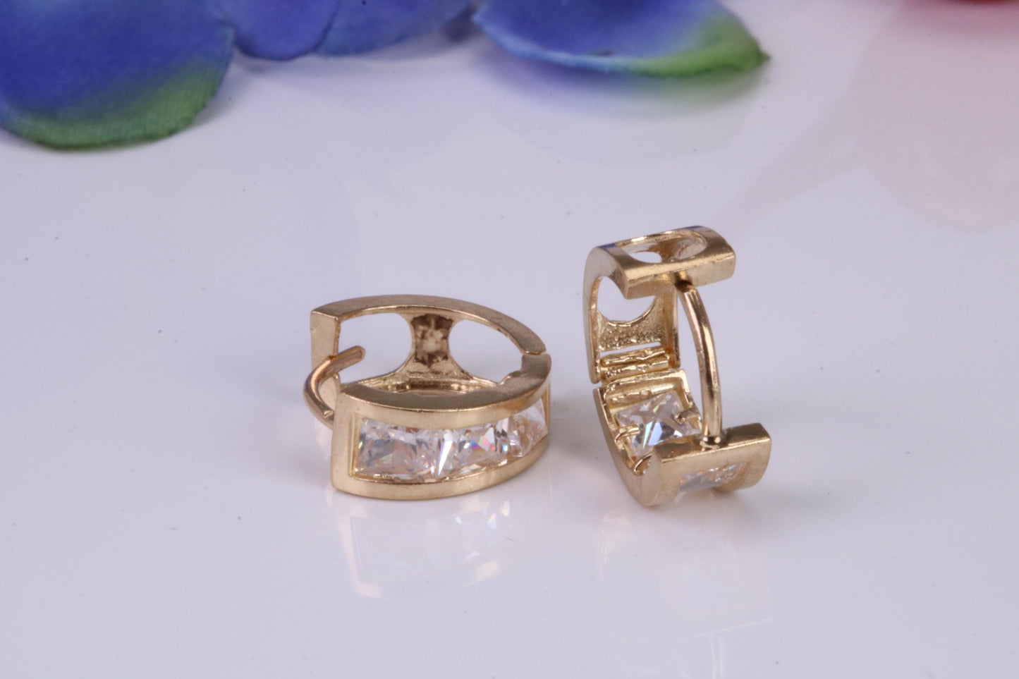 12 mm Round Gold Hoop Earrings, C Z set and made from 9ct Yellow Gold, Diamond and Gold Look, British Hallmarked