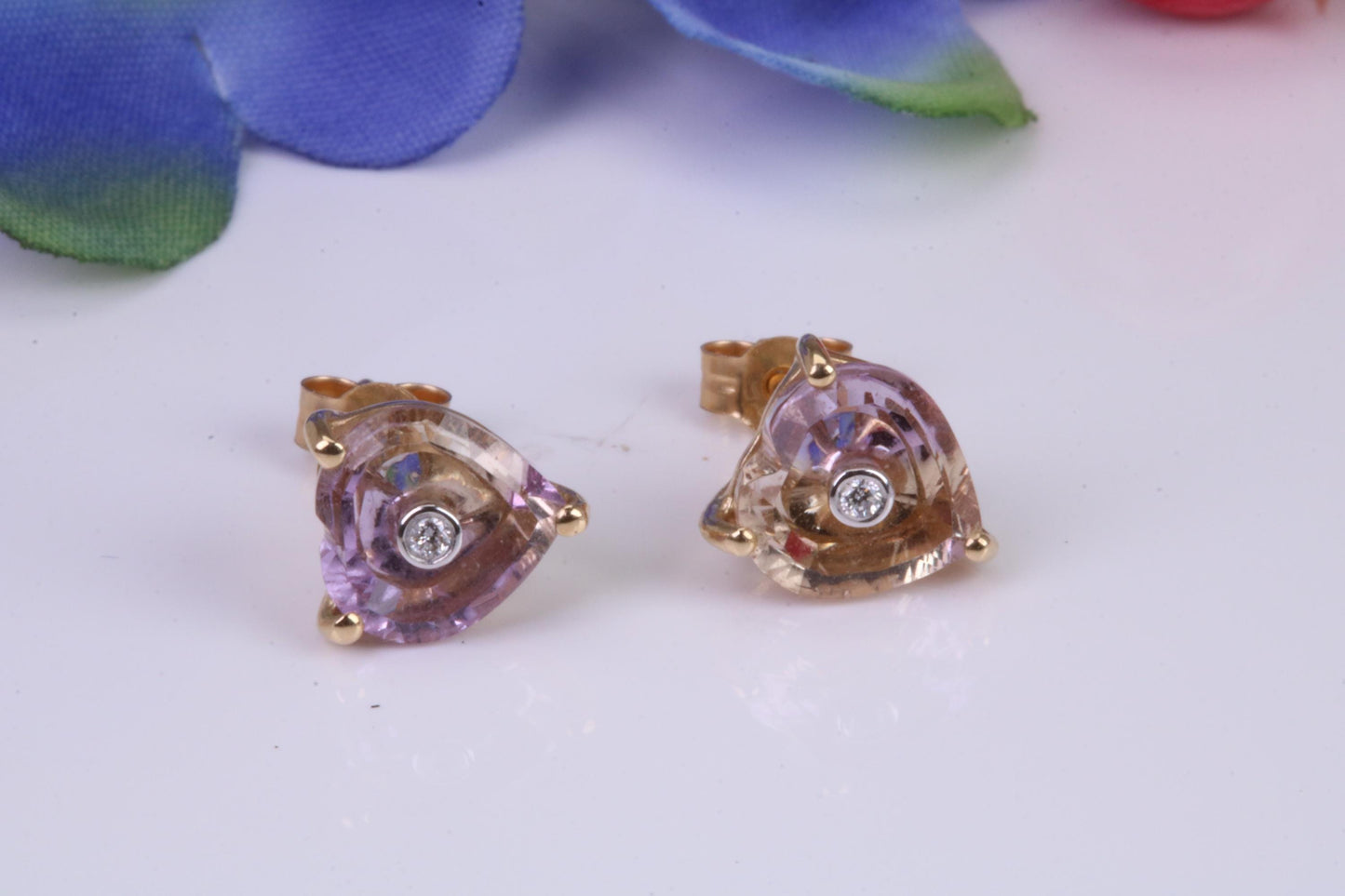 Amethyst and Diamond set Stud Earrings, Made from Solid 10ct Yellow Gold