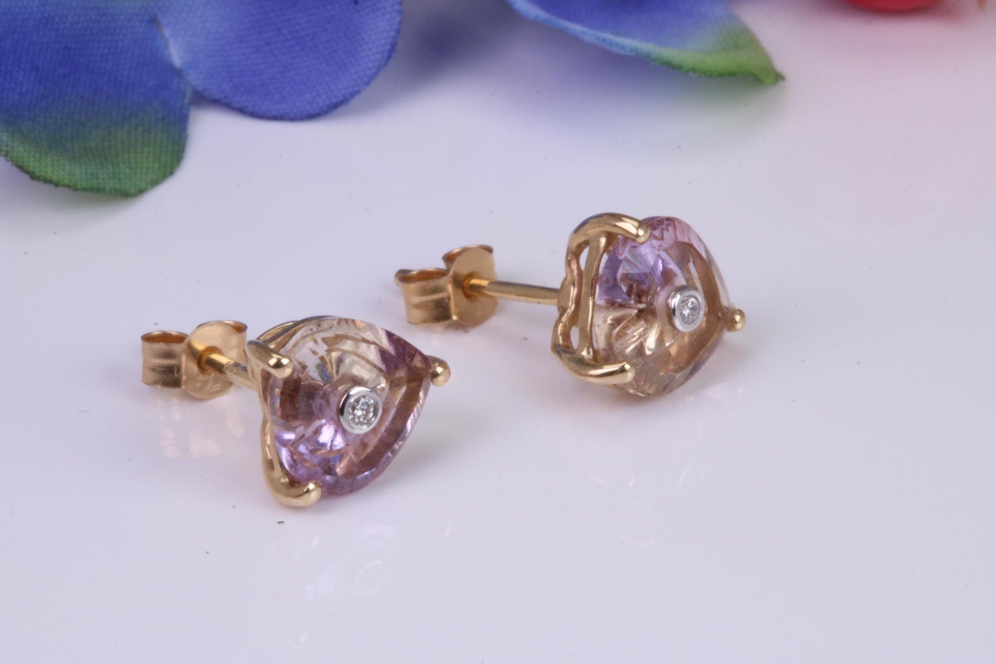 Amethyst and Diamond set Stud Earrings, Made from Solid 10ct Yellow Gold