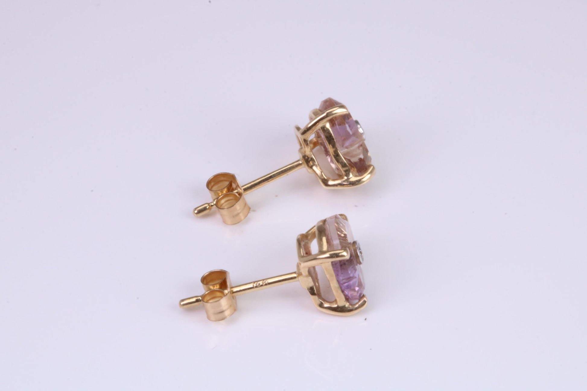Amethyst and Diamond set Stud Earrings, Made from Solid 10ct Yellow Gold
