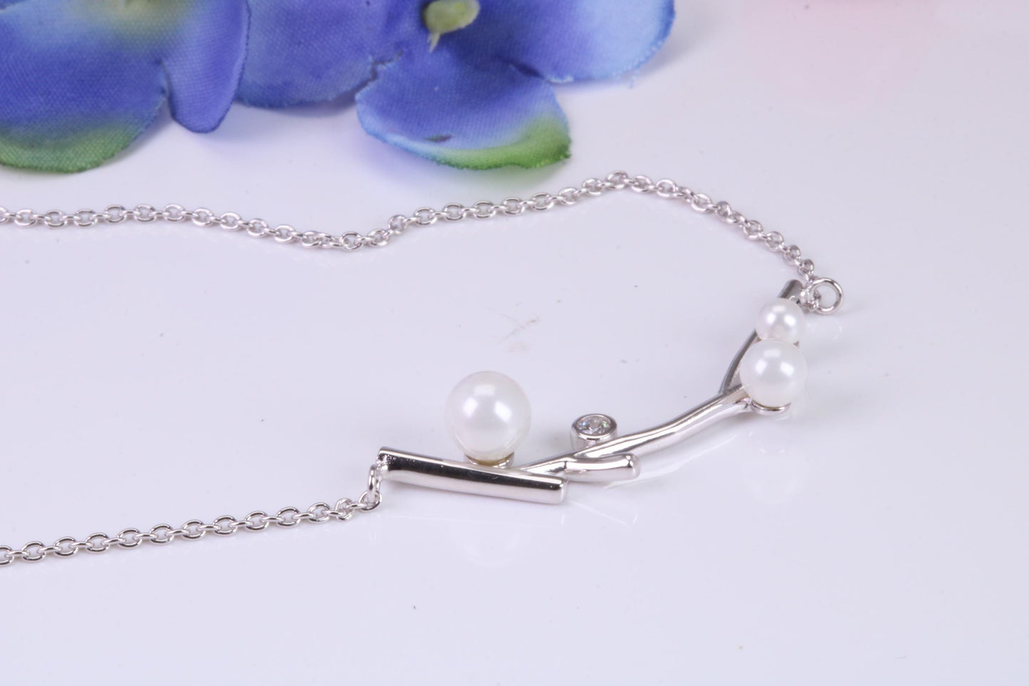 Pearl and C Z set Necklace, With Length Adjustable Chain, Made from solid Sterling Silver