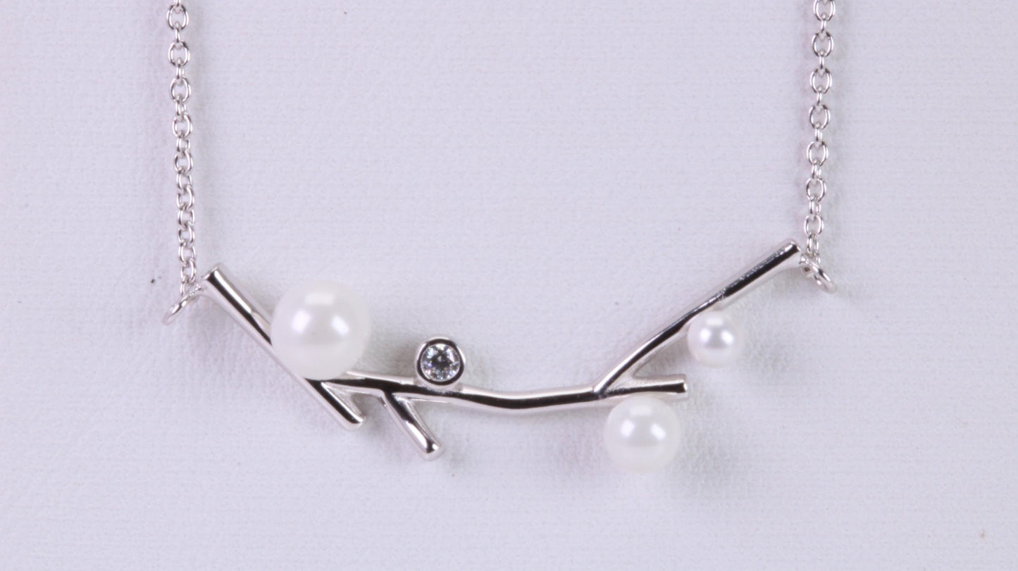 Pearl and C Z set Necklace, With Length Adjustable Chain, Made from solid Sterling Silver
