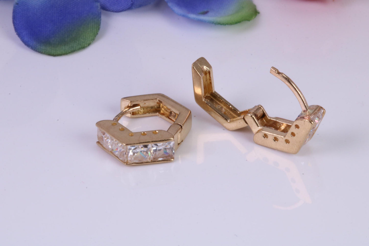 4 mm Wide Gold Hoop Earrings, C Z set and made from 9ct Yellow Gold, Diamond and Gold Look, British Hallmarked
