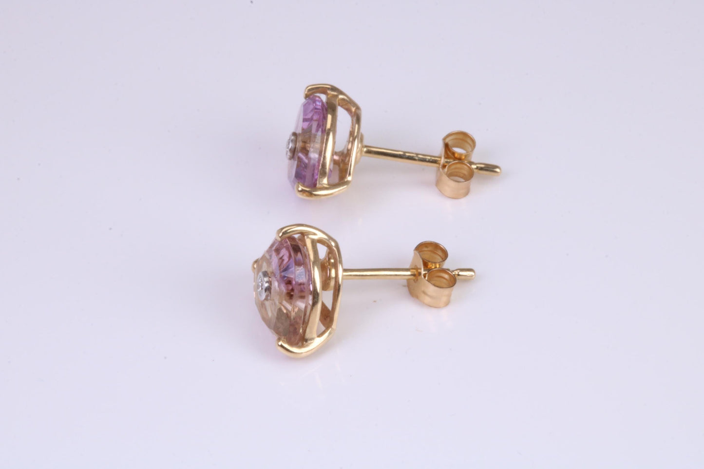 Amethyst and Diamond set Stud Earrings, Made from Solid 10ct Yellow Gold