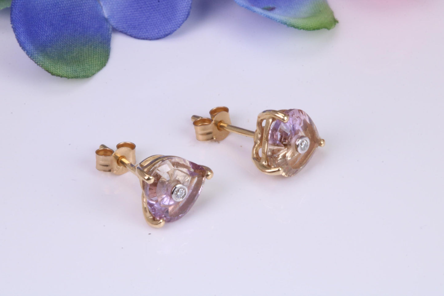 Amethyst and Diamond set Stud Earrings, Made from Solid 10ct Yellow Gold