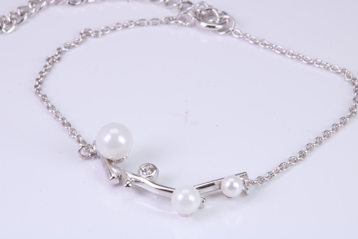 Pearl and C Z set Bracelet, With Length Adjustable Chain, Made from solid Sterling Silver