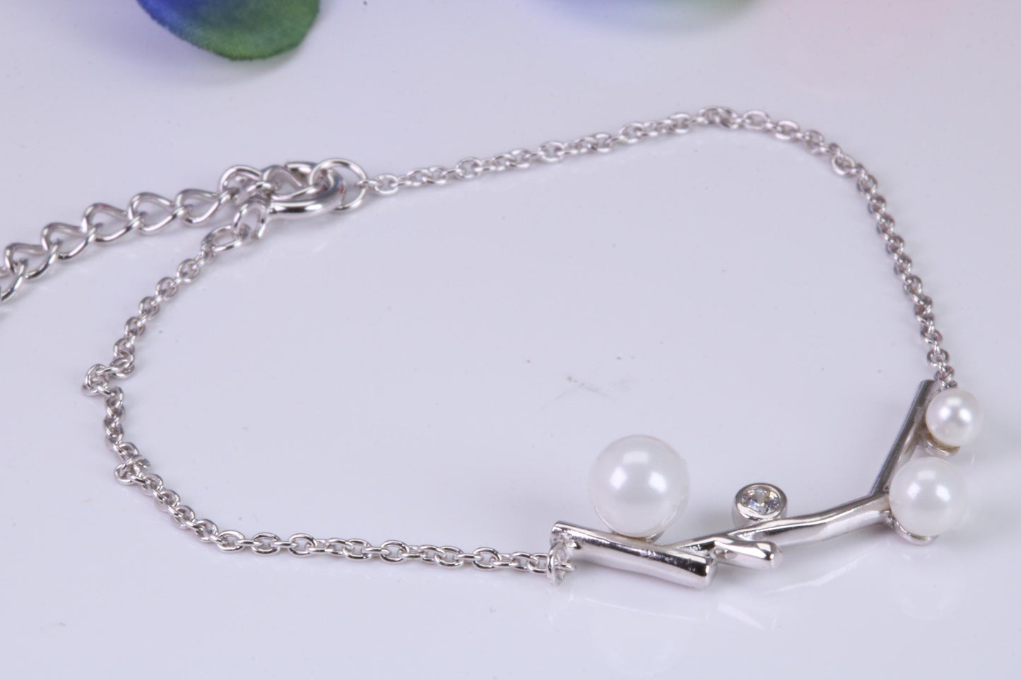 Pearl and C Z set Bracelet, With Length Adjustable Chain, Made from solid Sterling Silver