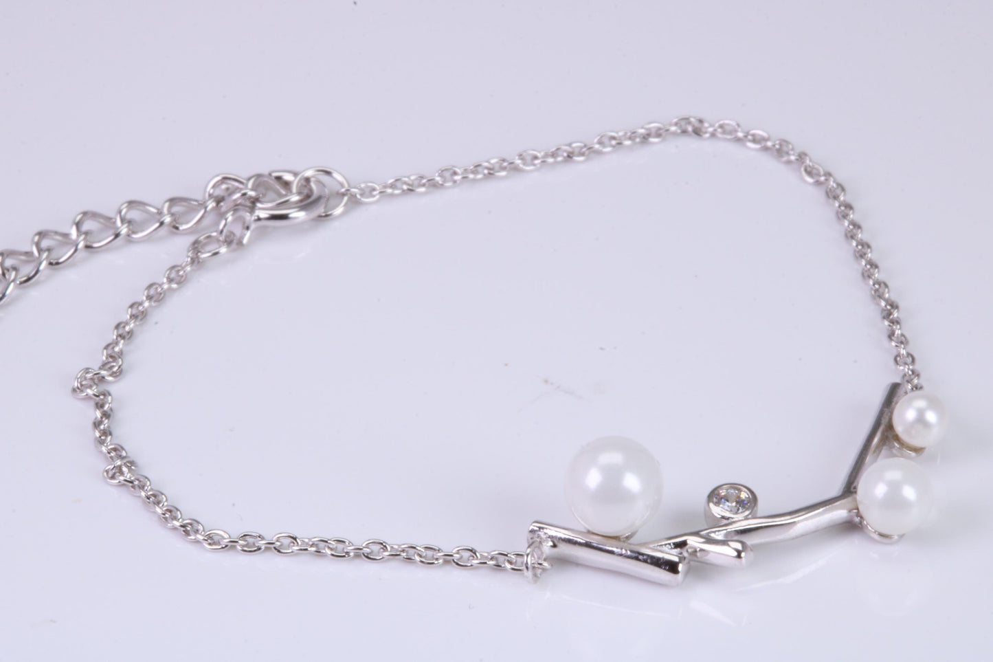 Pearl and C Z set Bracelet, With Length Adjustable Chain, Made from solid Sterling Silver