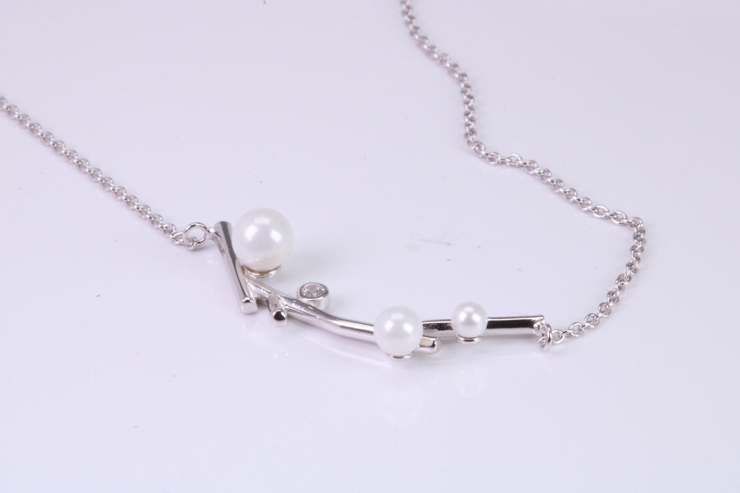 Pearl and C Z set Necklace, With Length Adjustable Chain, Made from solid Sterling Silver