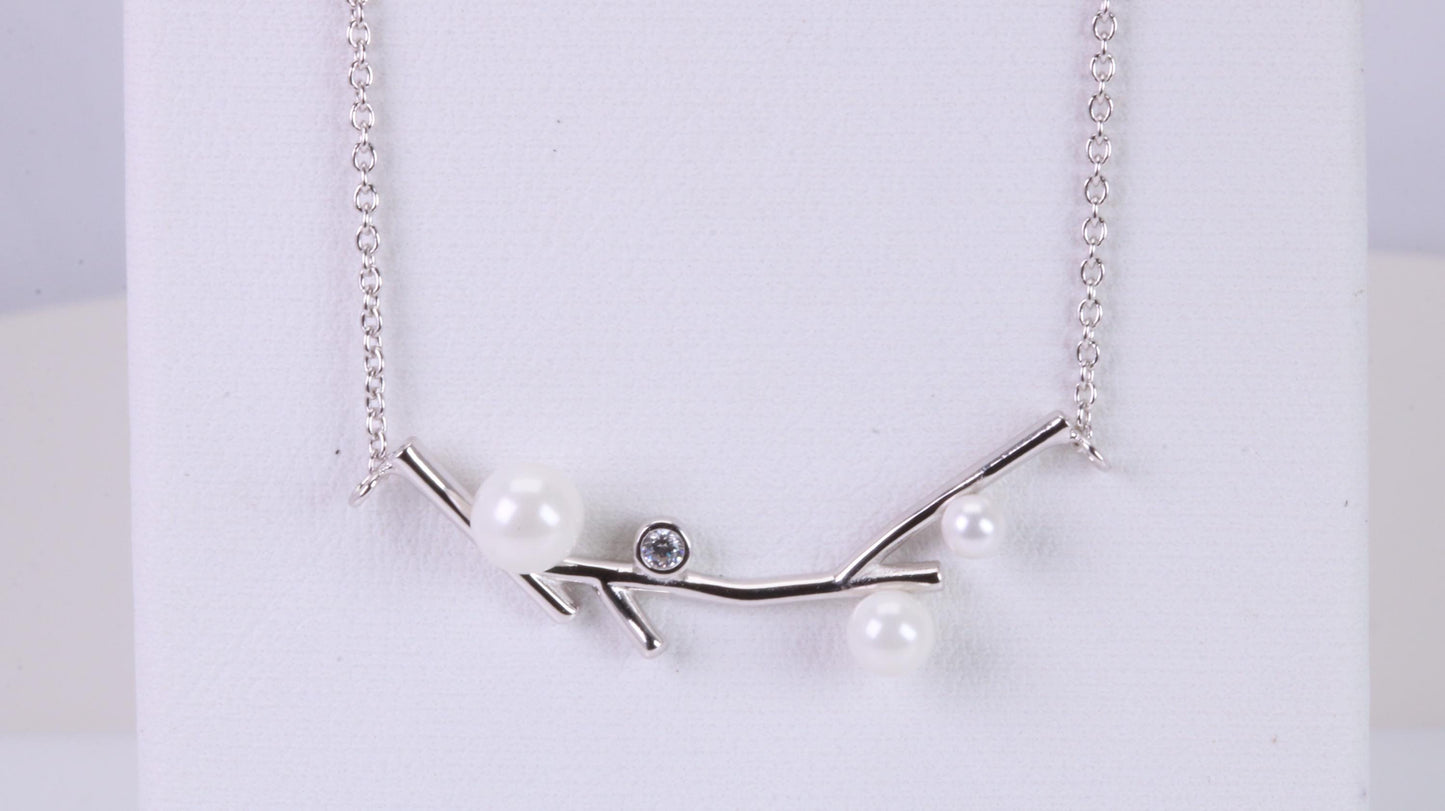 Pearl and C Z set Necklace, With Length Adjustable Chain, Made from solid Sterling Silver