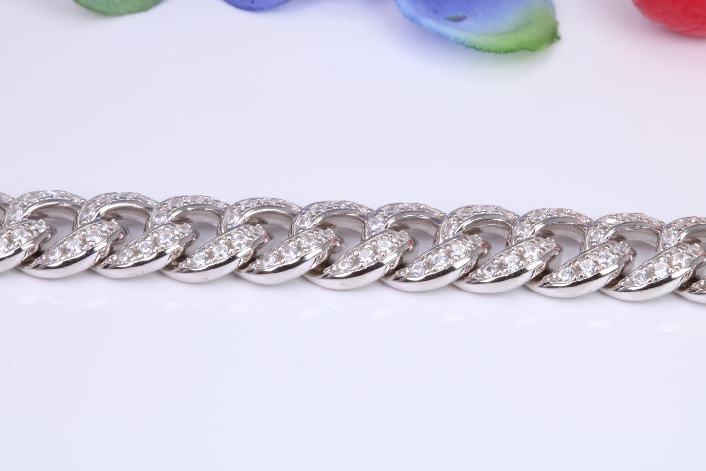 Gents heavy 22 inch Chain, Flat Diamond cut Cubic Zirconia set Curb Links, made from solid Sterling Silver, 22 Inches Long x 9 mm wide