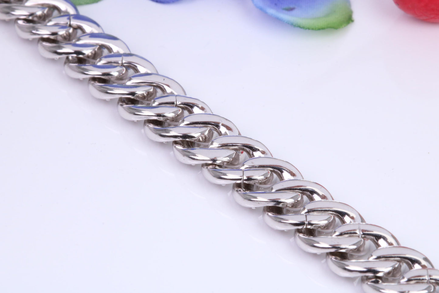 Gents heavy 22 inch Chain, Flat Diamond cut Cubic Zirconia set Curb Links, made from solid Sterling Silver, 22 Inches Long x 9 mm wide