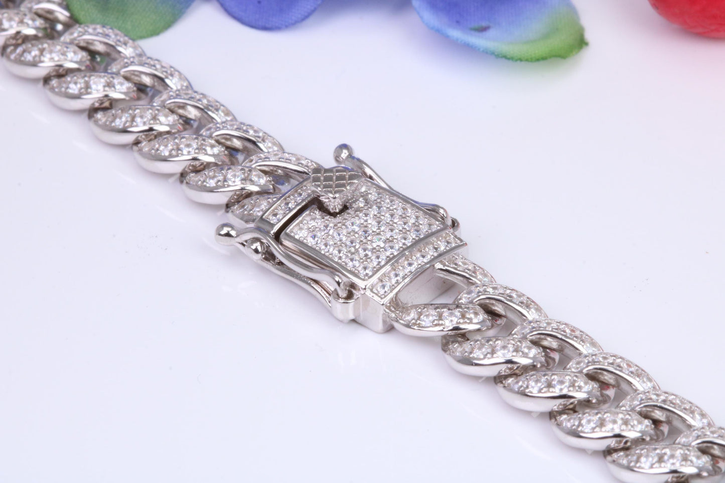 Gents heavy 22 inch Chain, Flat Diamond cut Cubic Zirconia set Curb Links, made from solid Sterling Silver, 22 Inches Long x 9 mm wide