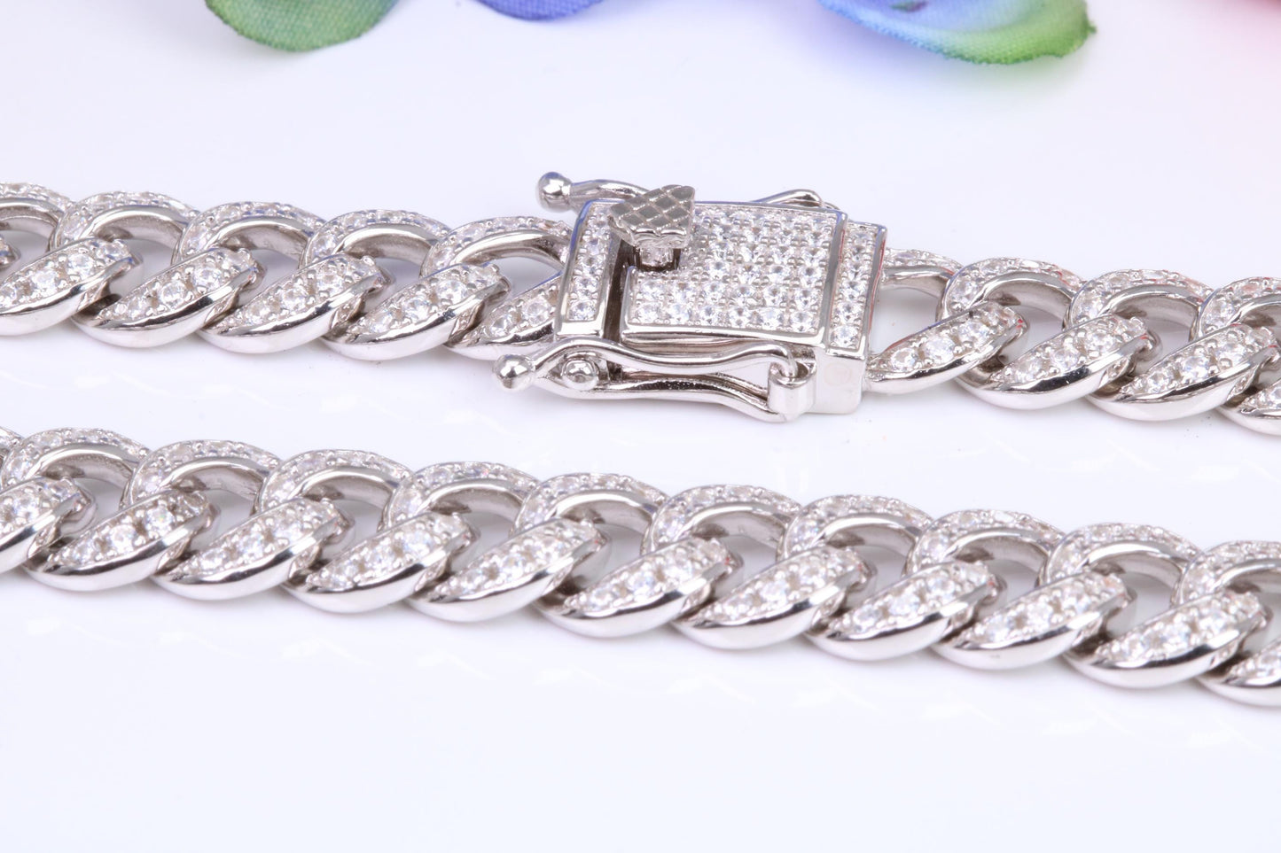 Gents heavy 22 inch Chain, Flat Diamond cut Cubic Zirconia set Curb Links, made from solid Sterling Silver, 22 Inches Long x 9 mm wide