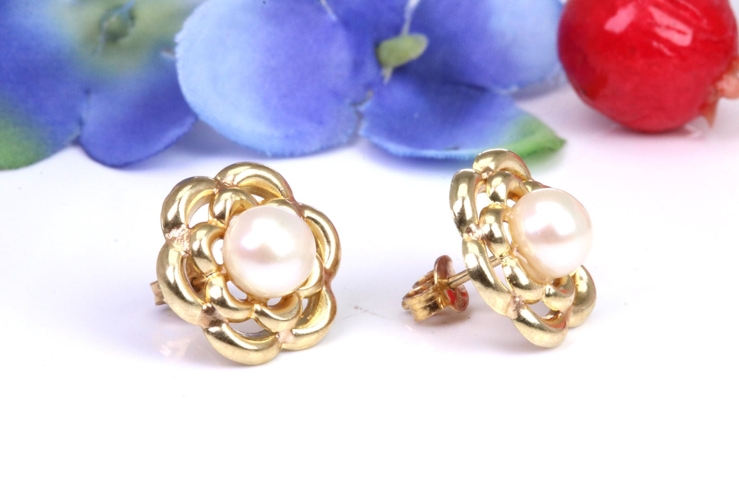 Real Pearl set Stud Earrings Made from 9ct Yellow Gold