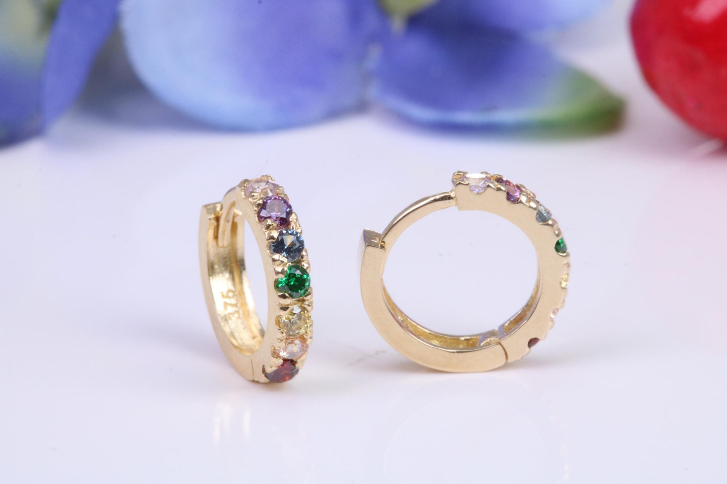 10 mm round hinged hoop earrings, made from solid yellow gold and set with Rainbow Coloured Cubic Zirconia