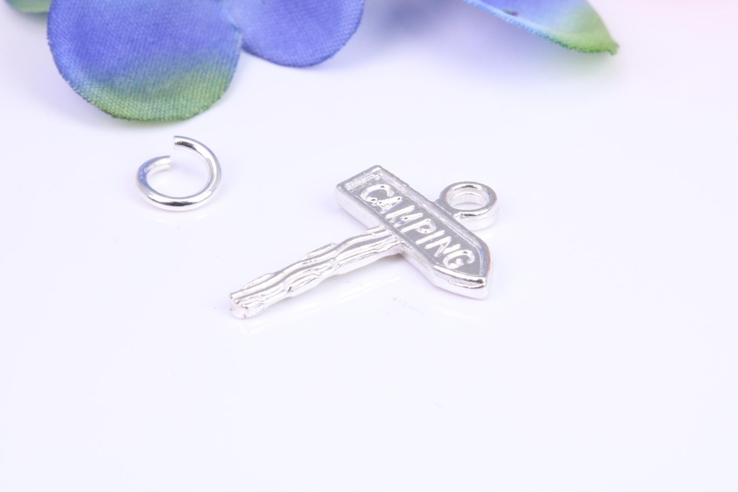 Camping Sign Charm, Traditional Three Dimensional Charm, Made from Solid Cast Silver