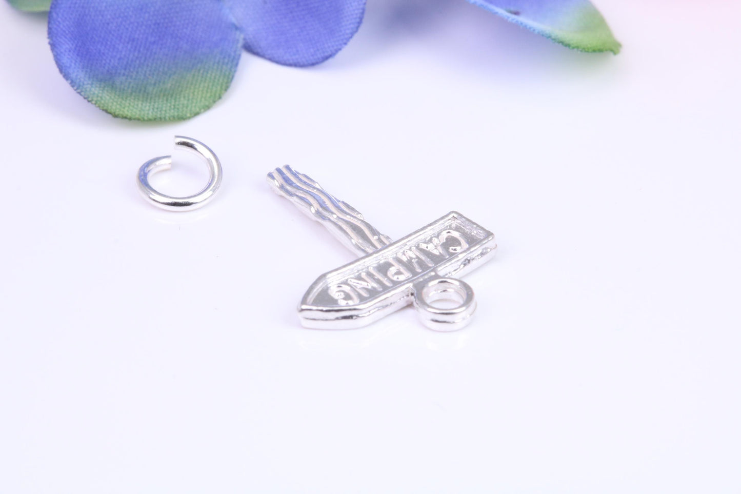 Camping Sign Charm, Traditional Three Dimensional Charm, Made from Solid Cast Silver