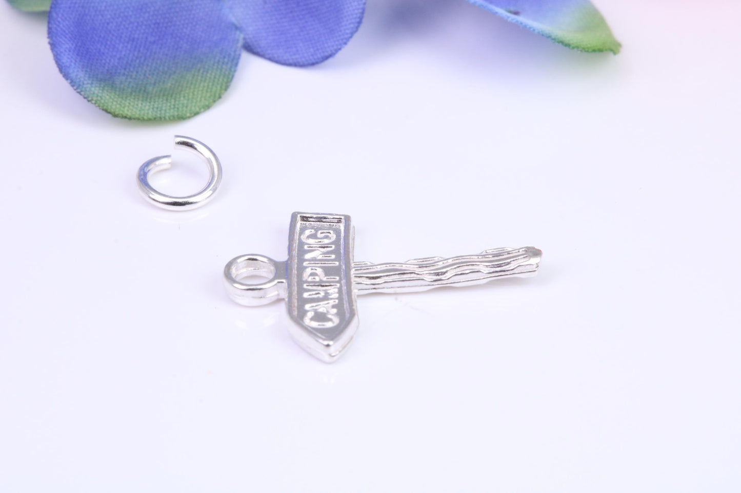 Camping Sign Charm, Traditional Three Dimensional Charm, Made from Solid Cast Silver