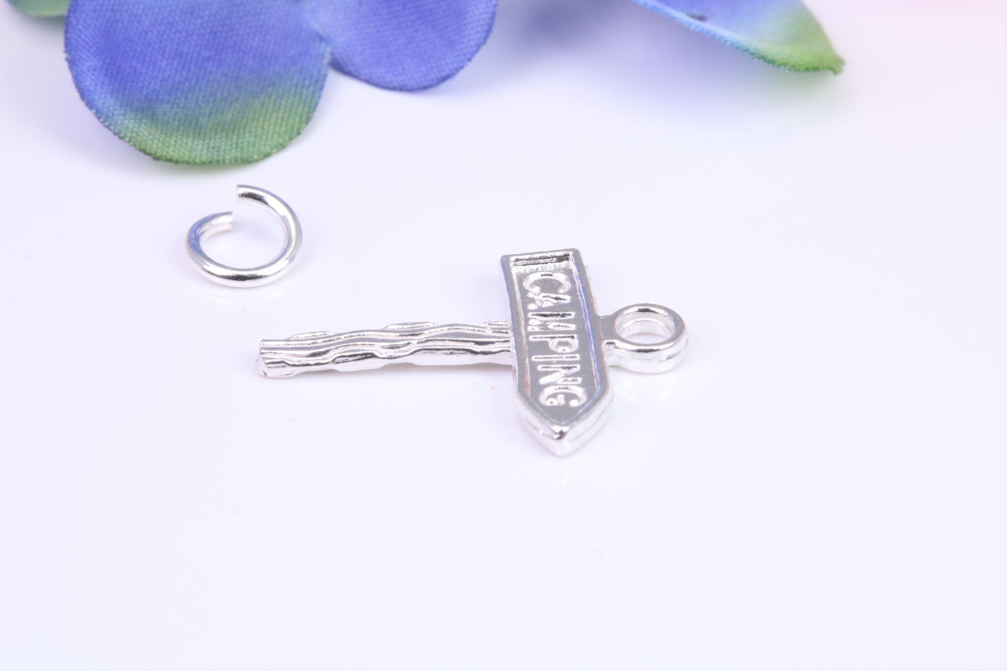 Camping Sign Charm, Traditional Three Dimensional Charm, Made from Solid Cast Silver
