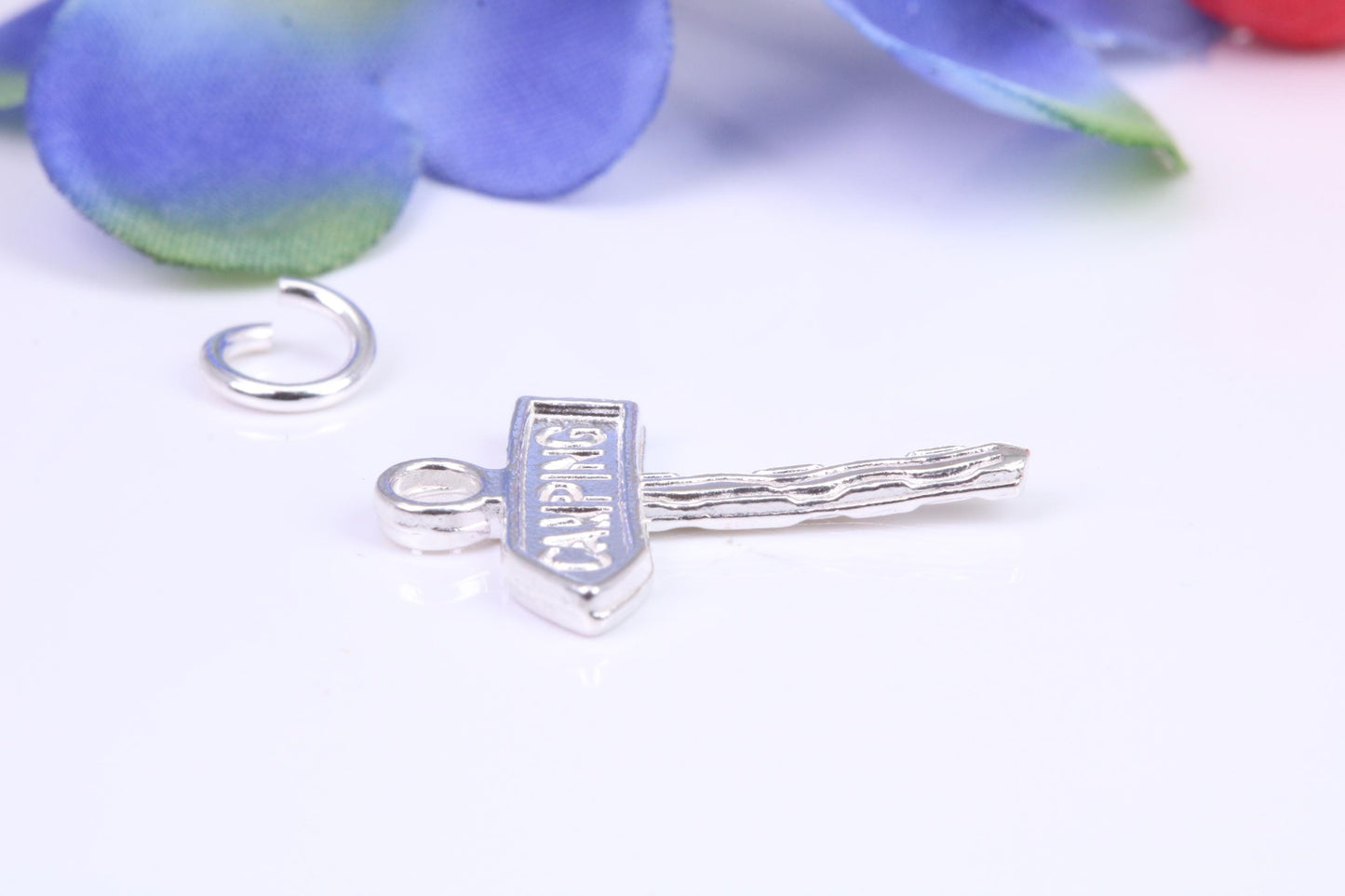 Camping Sign Charm, Traditional Three Dimensional Charm, Made from Solid Cast Silver