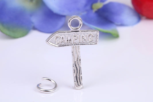 Camping Sign Charm, Traditional Three Dimensional Charm, Made from Solid Cast Silver
