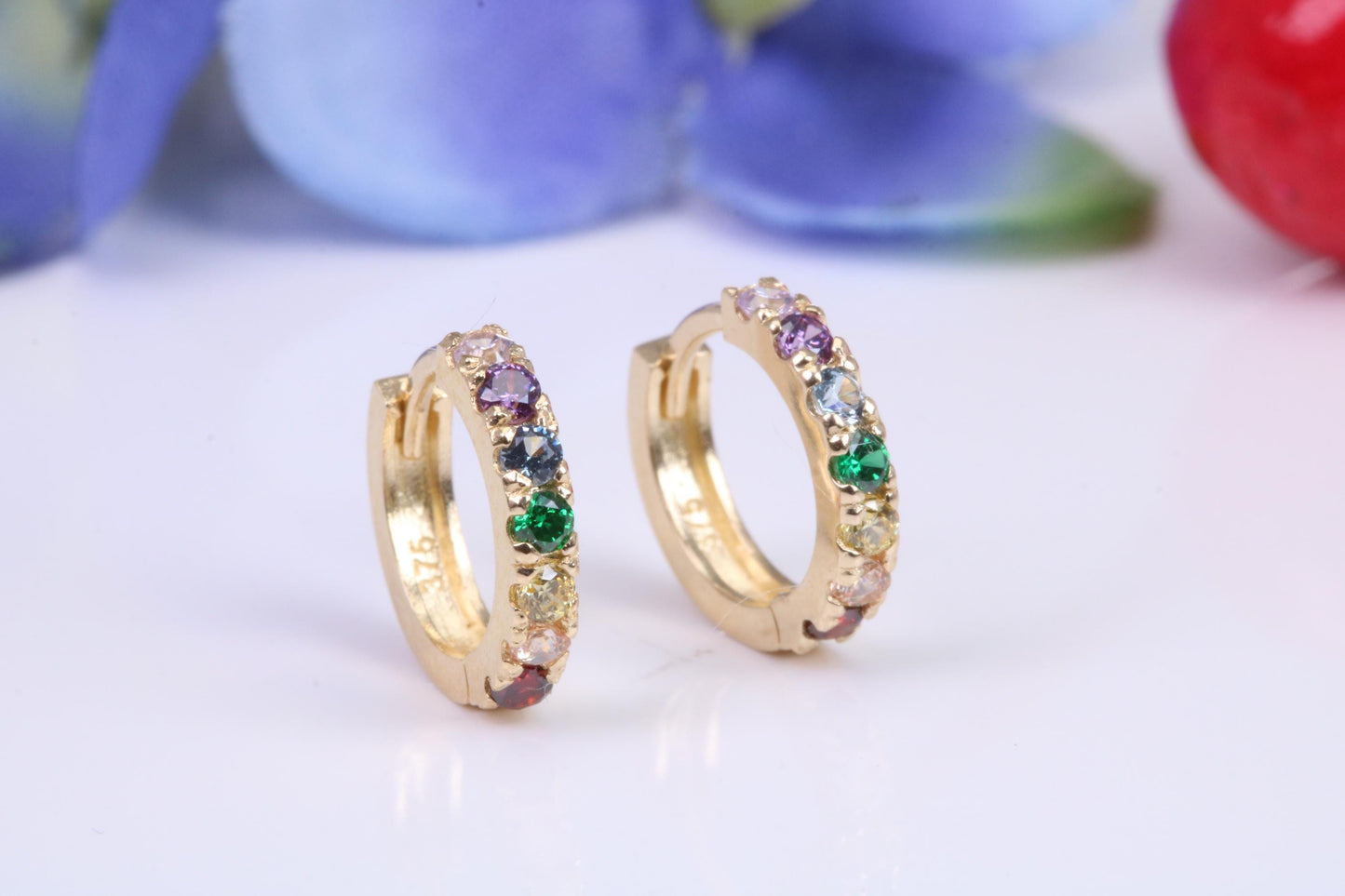10 mm round hinged hoop earrings, made from solid yellow gold and set with Rainbow Coloured Cubic Zirconia