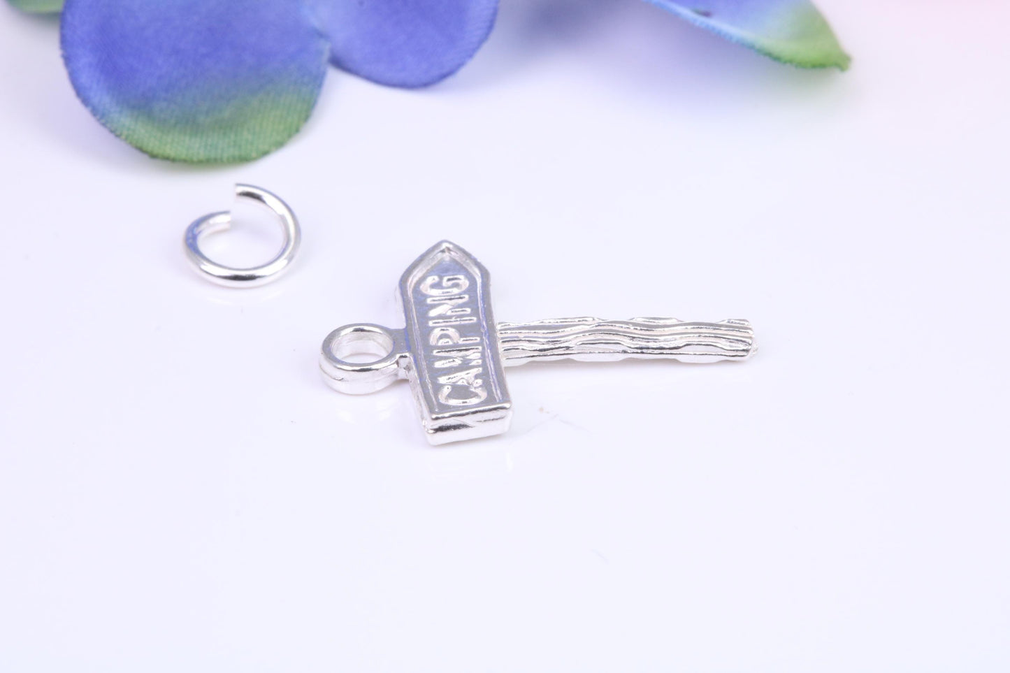 Camping Sign Charm, Traditional Three Dimensional Charm, Made from Solid Cast Silver