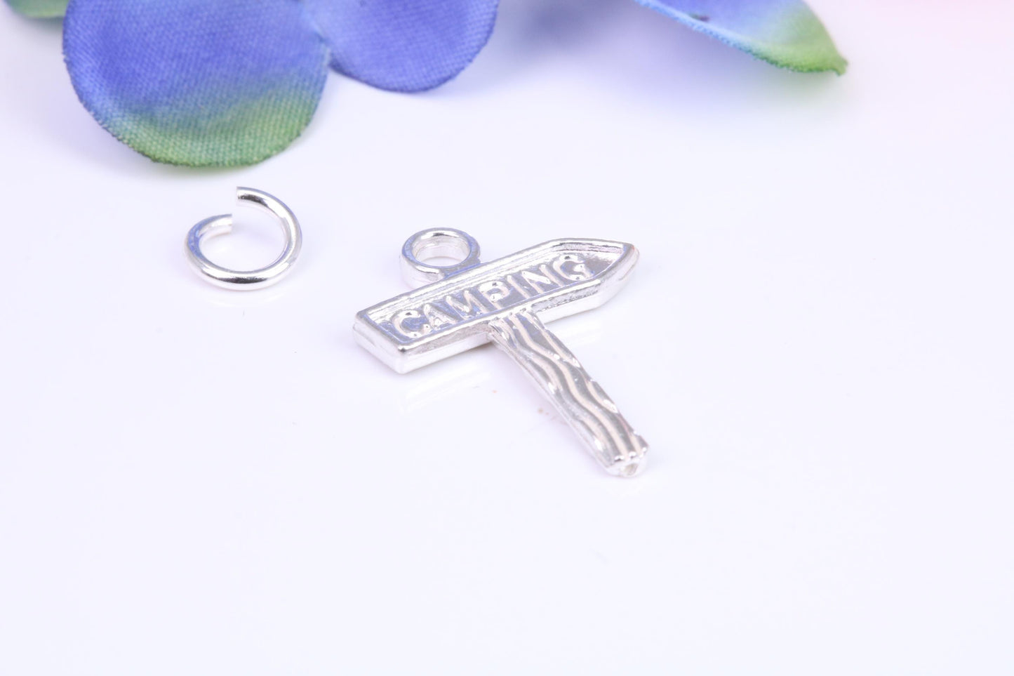 Camping Sign Charm, Traditional Three Dimensional Charm, Made from Solid Cast Silver