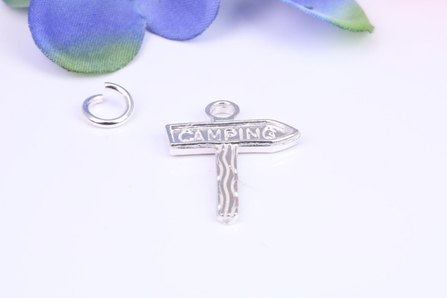 Camping Sign Charm, Traditional Three Dimensional Charm, Made from Solid Cast Silver