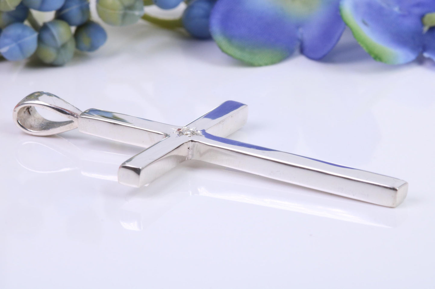 Natural Diamond set Very Large 50 mm Long Chunky Cross, High Polished Finish, Made From Solid Cast Silver, British Hallmarked
