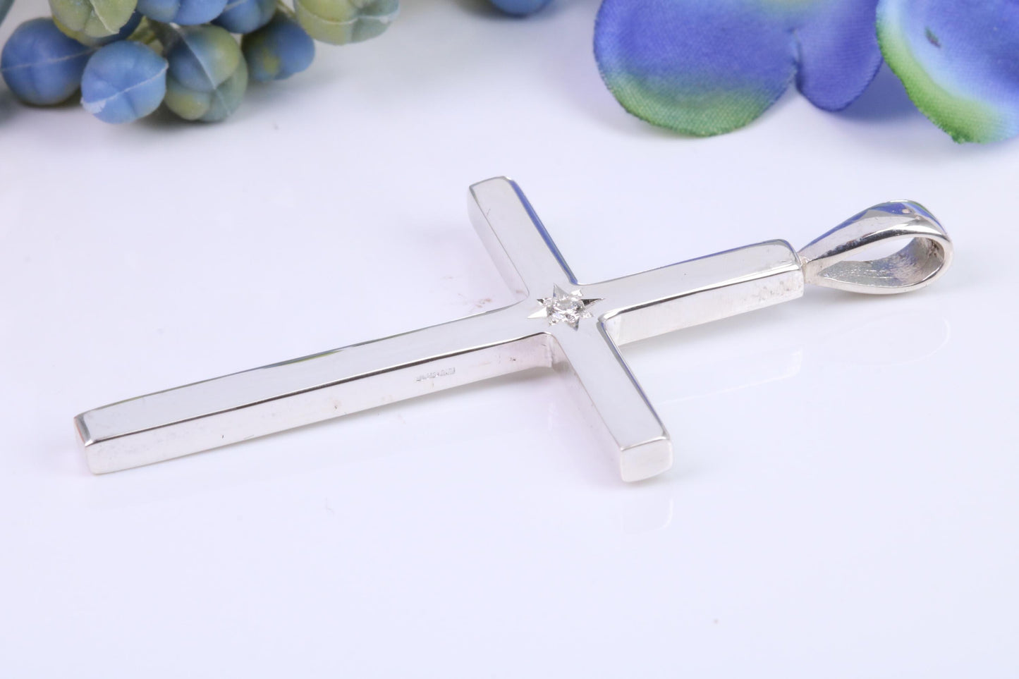 Natural Diamond set Very Large 50 mm Long Chunky Cross, High Polished Finish, Made From Solid Cast Silver, British Hallmarked