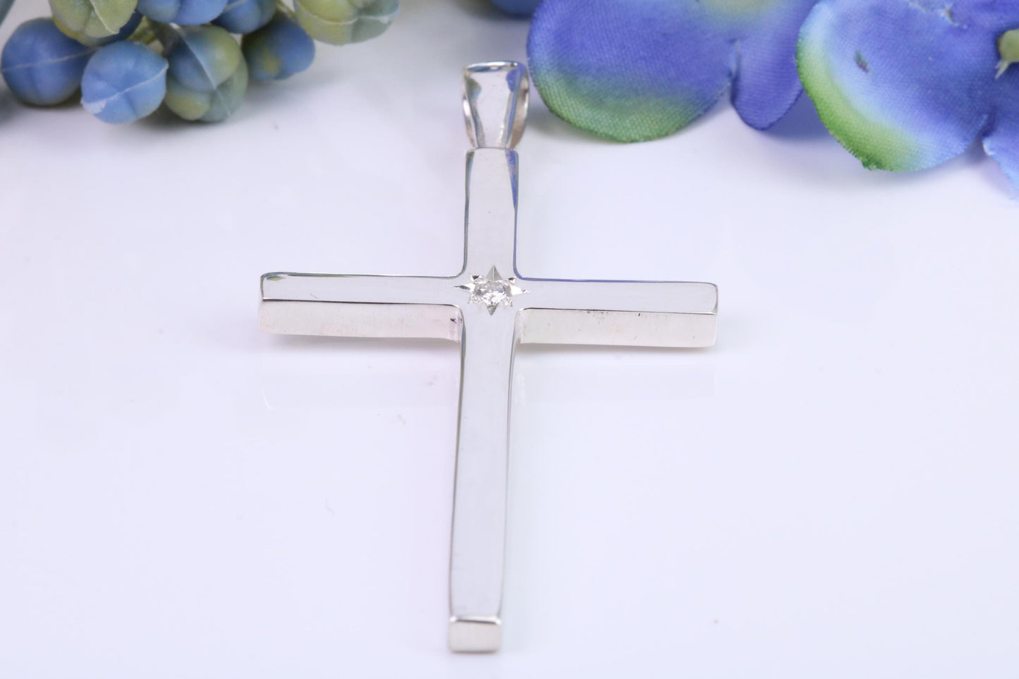Natural Diamond set Very Large 50 mm Long Chunky Cross, High Polished Finish, Made From Solid Cast Silver, British Hallmarked