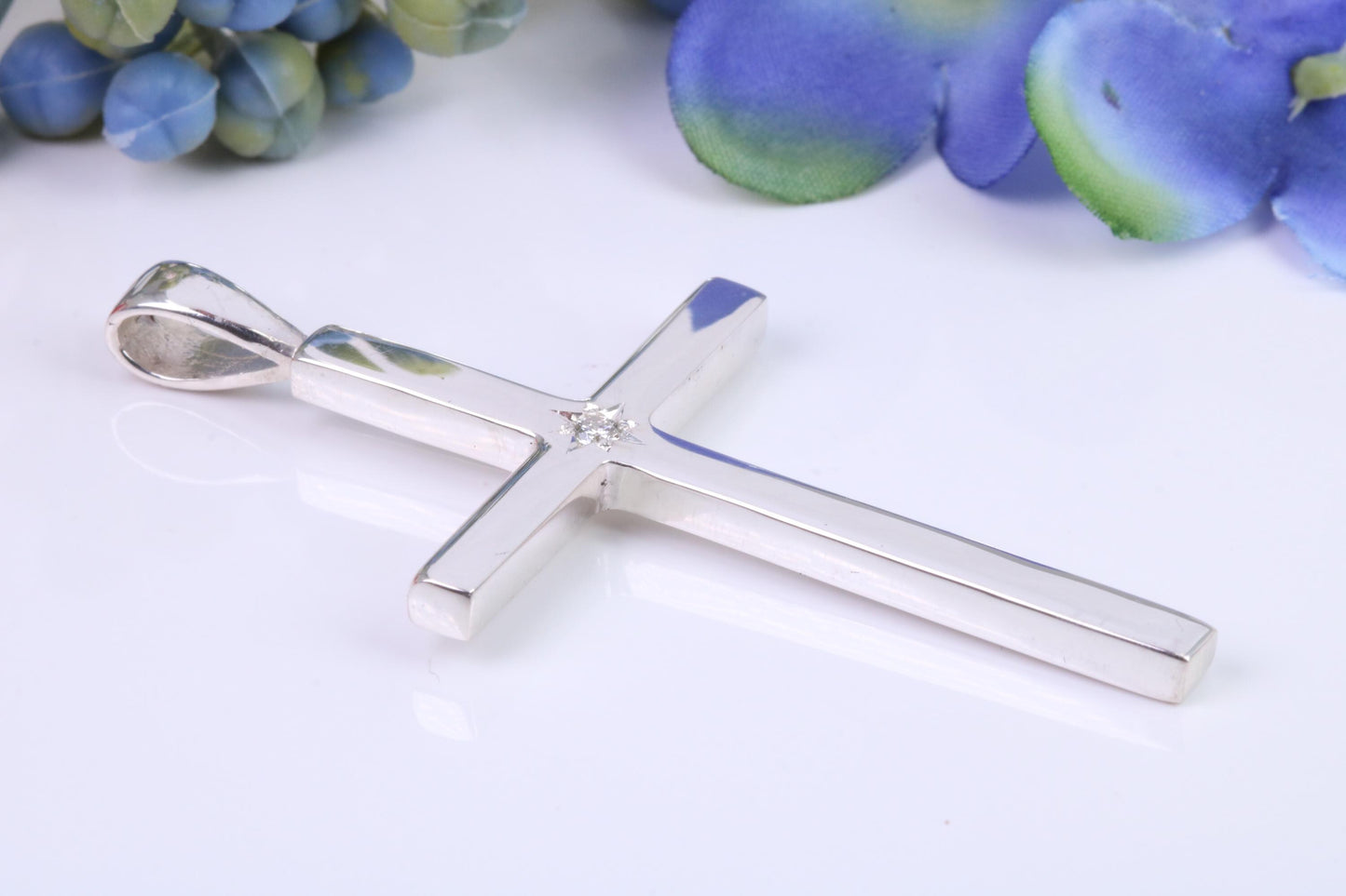 Natural Diamond set Very Large 50 mm Long Chunky Cross, High Polished Finish, Made From Solid Cast Silver, British Hallmarked