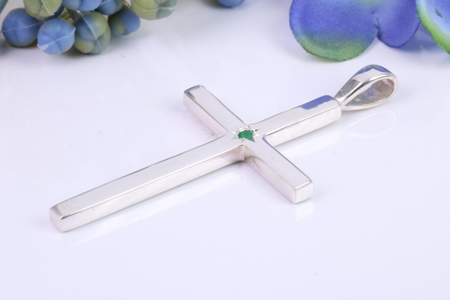 Natural Emerald set Very Large 50 mm Long Chunky Cross, High Polished Finish, Made From Solid Cast Silver, British Hallmarked