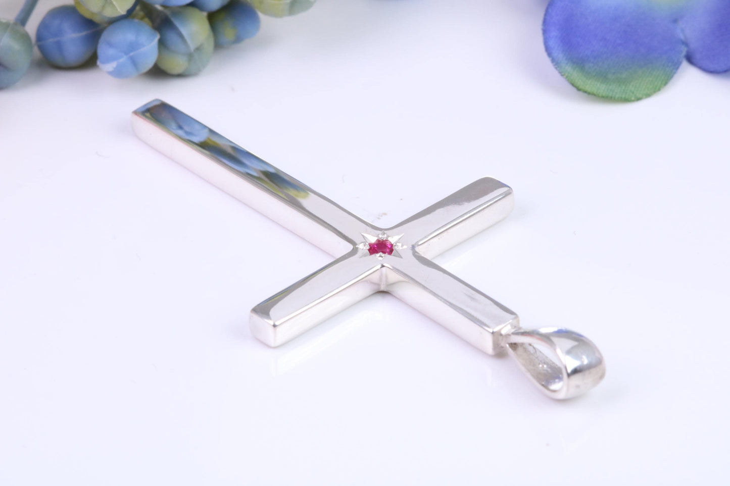 Natural Ruby set Very Large 50 mm Long Chunky Cross, High Polished Finish, Made From Solid Cast Silver, British Hallmarked