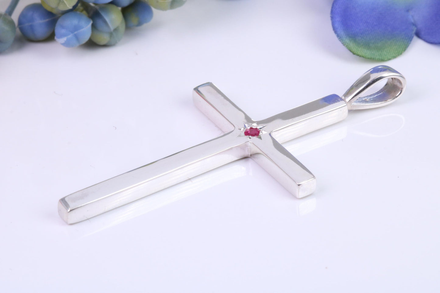 Natural Ruby set Very Large 50 mm Long Chunky Cross, High Polished Finish, Made From Solid Cast Silver, British Hallmarked