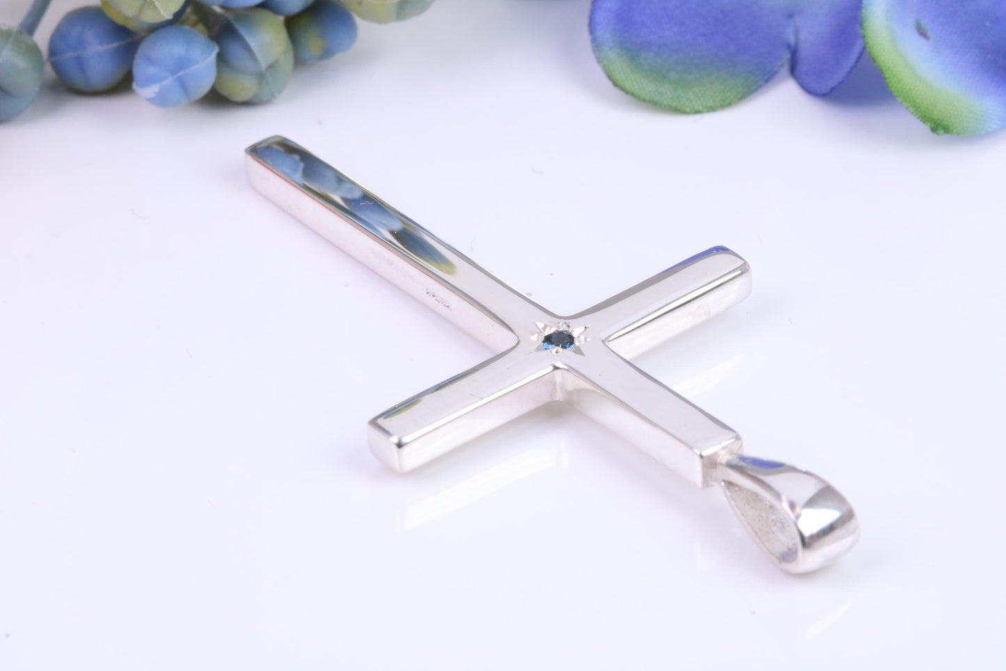 Natural Sapphire set Very Large 50 mm Long Chunky Cross, High Polished Finish, Made From Solid Cast Silver, British Hallmarked