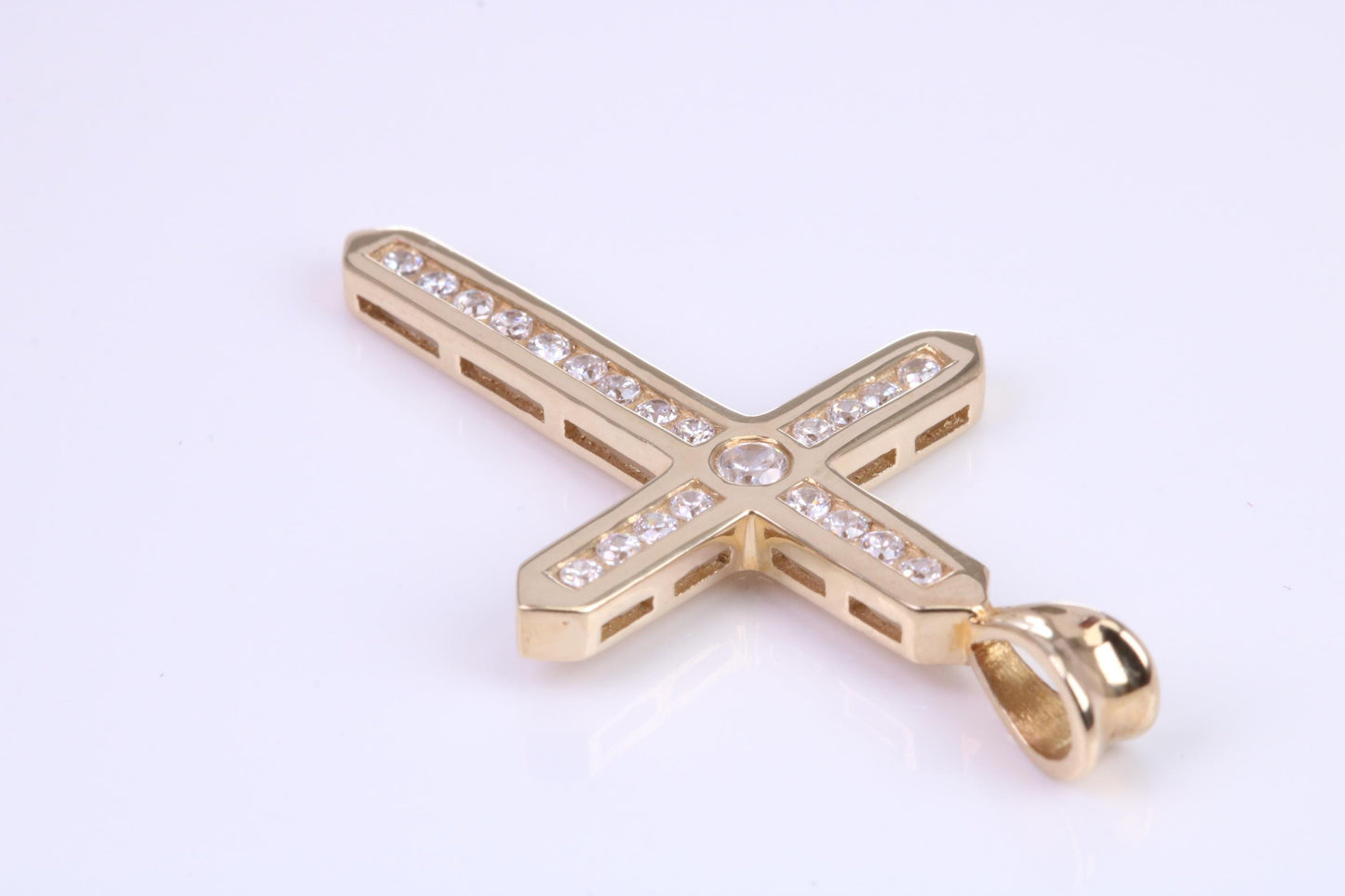 38 mm Long Yellow Gold Cubic Zirconia set Cross, British Hallmarked, Gold and Diamond Look
