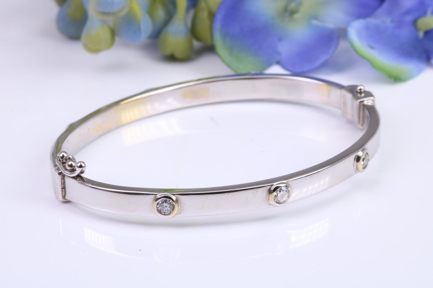 Natural Diamond set Childs White Gold 4 mm Wide Bangle, Hinged Opening