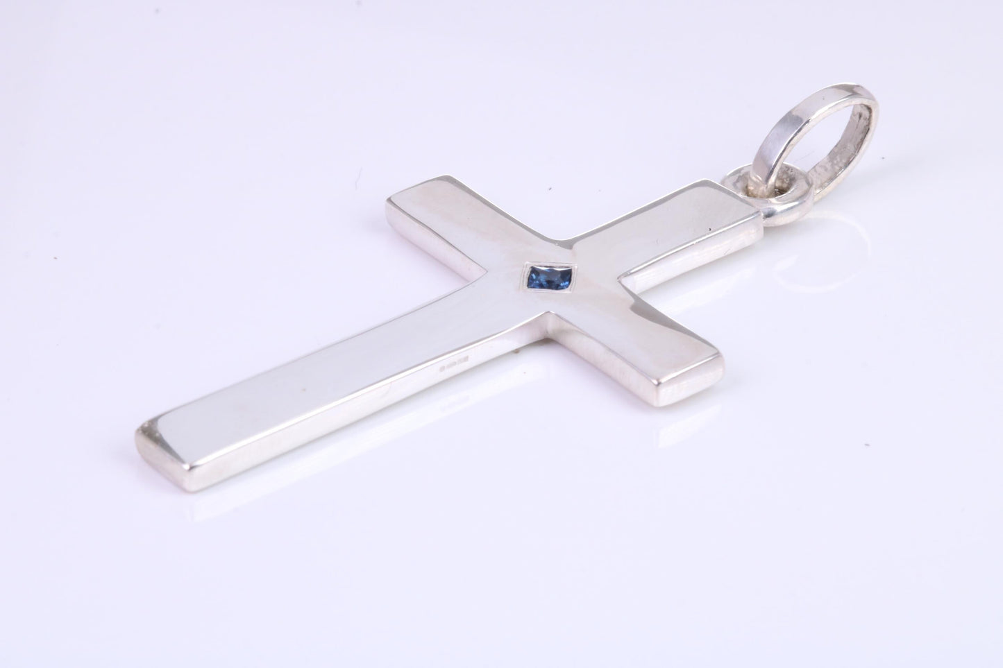 Very Large 60 mm Long Chunky Cross set with Natural Square cut Sapphire, Made From Solid Cast Silver, British Hallmarked
