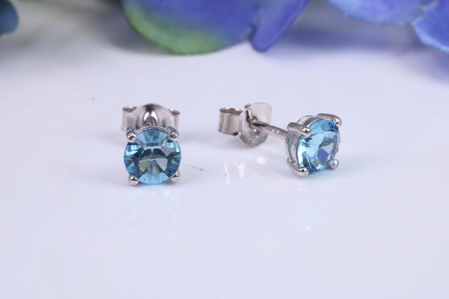 5 mm Round Blue Topaz Cubic Zirconia set Stud Earrings, Made from Solid Cast Sterling Silver