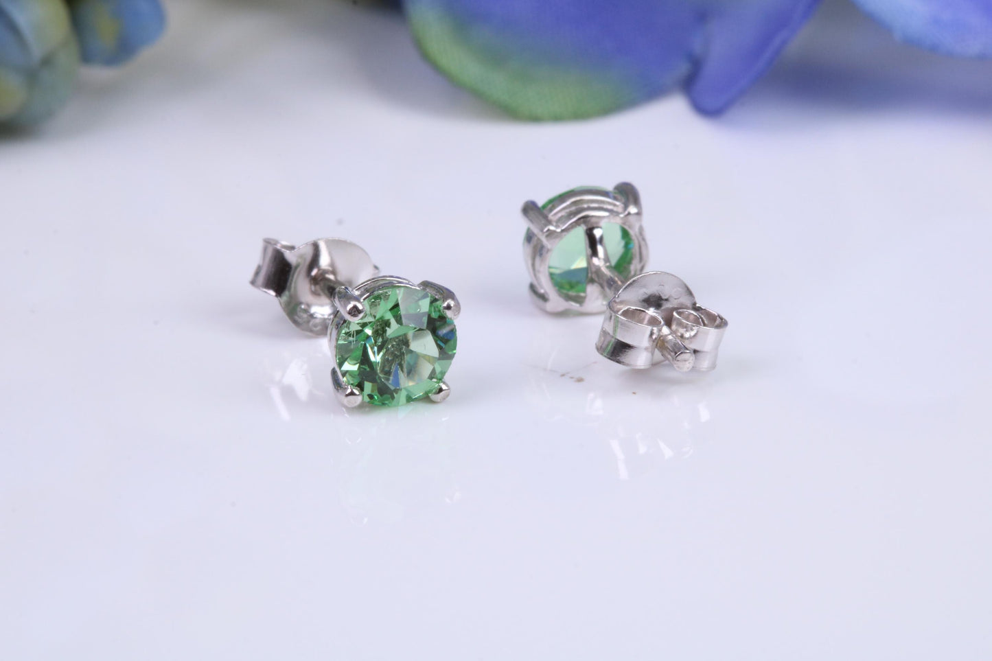 5 mm Round Peridot Green Cubic Zirconia set Stud Earrings, Made from Solid Cast Sterling Silver
