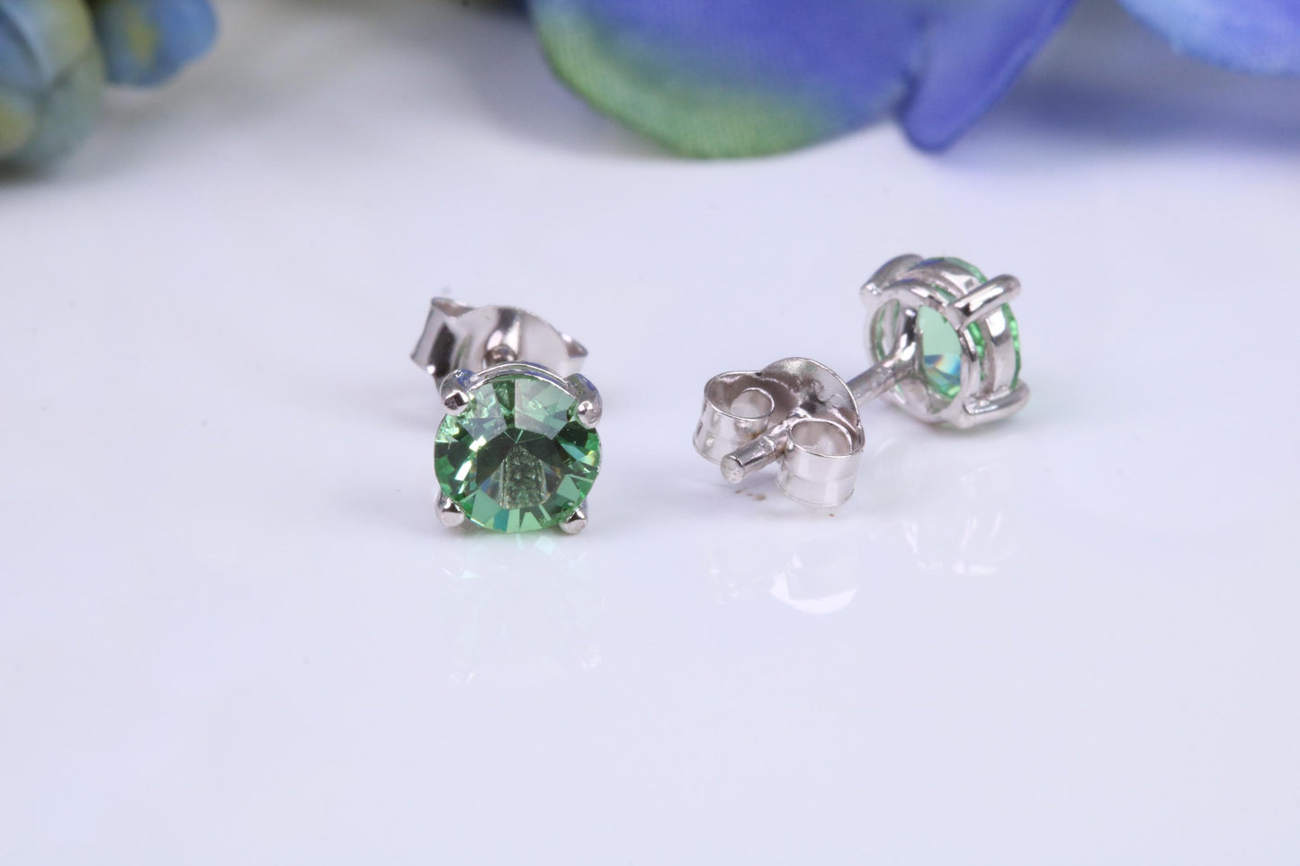 5 mm Round Peridot Green Cubic Zirconia set Stud Earrings, Made from Solid Cast Sterling Silver