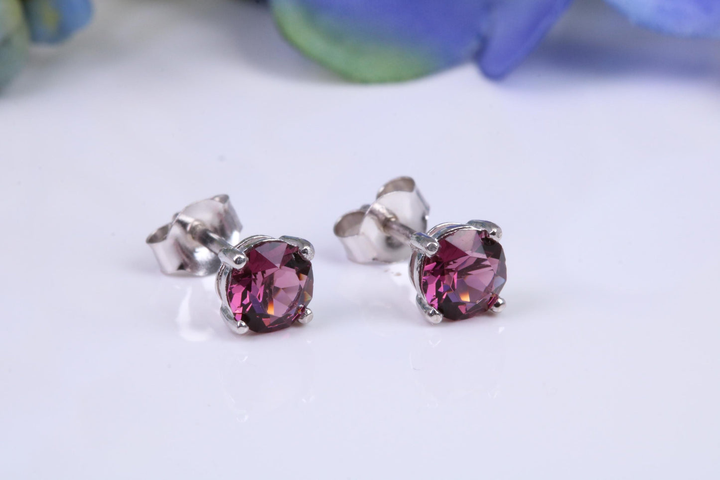 5 mm Round Hessonite Garnet Cubic Zirconia set Stud Earrings, Made from Solid Cast Sterling Silver