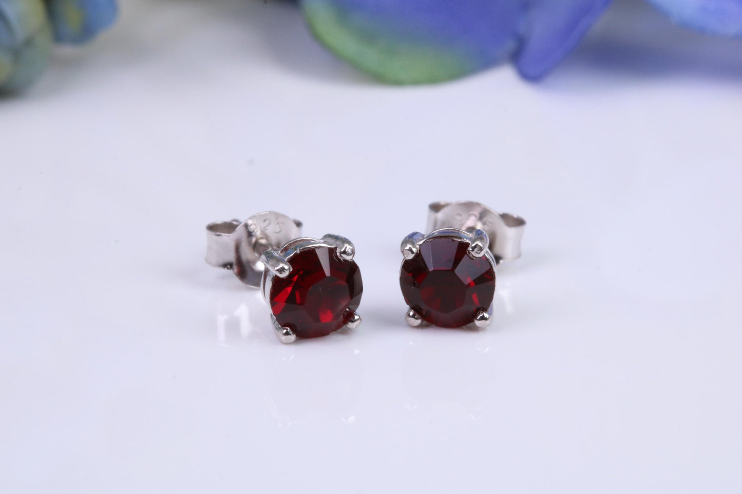 5 mm Round Garnet Cubic Zirconia set Stud Earrings, Made from Solid Cast Sterling Silver