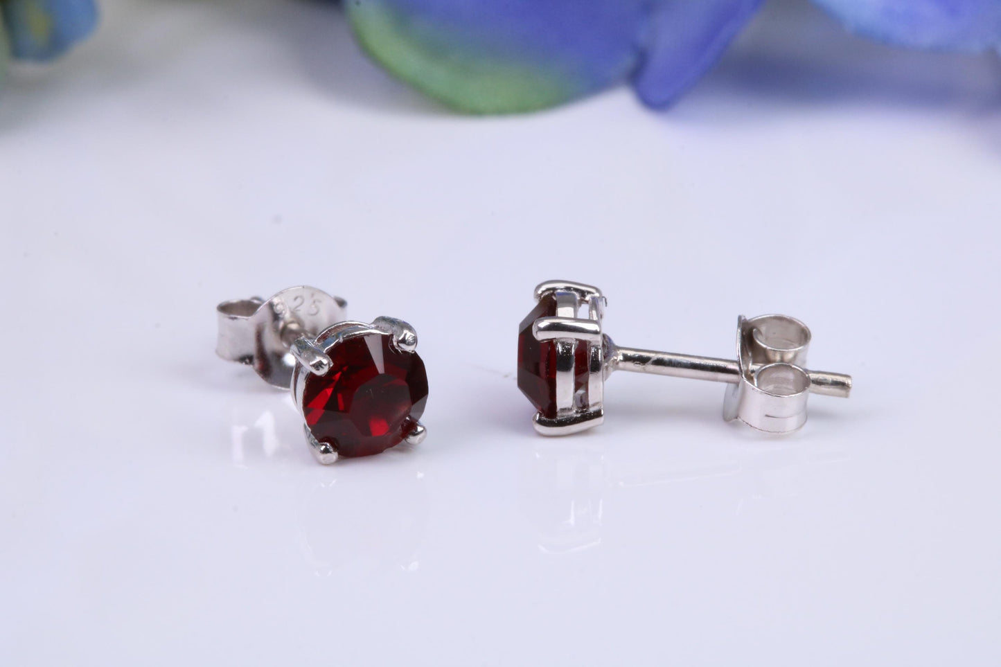 5 mm Round Garnet Cubic Zirconia set Stud Earrings, Made from Solid Cast Sterling Silver